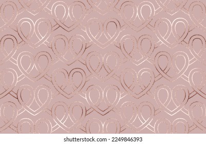 Holiday geometric seamless pattern with rose gold celtic knot hearts.