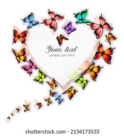 Holiday Getting Card with Beautiful Colorful Butterflies the Shape of a Heart Card. Vector