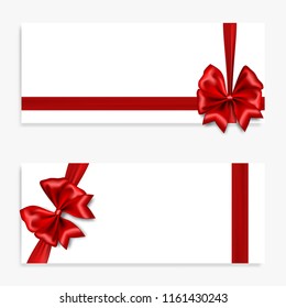 Holiday gift banner with red satin bow. Top view realistic 3d vector coupon. Satin silk ribbon mockup flyer template. Birthday, Christmas, Valentines Day sale. Festive decoration.