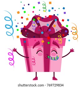 Holiday Gift Box Character in Decorative Wrapping with Yellow Polka Dots and Color Ribbons and Bows, Present Package Surprise, Cartoon Personage Hand Drawn Vector Illustration EPS 10