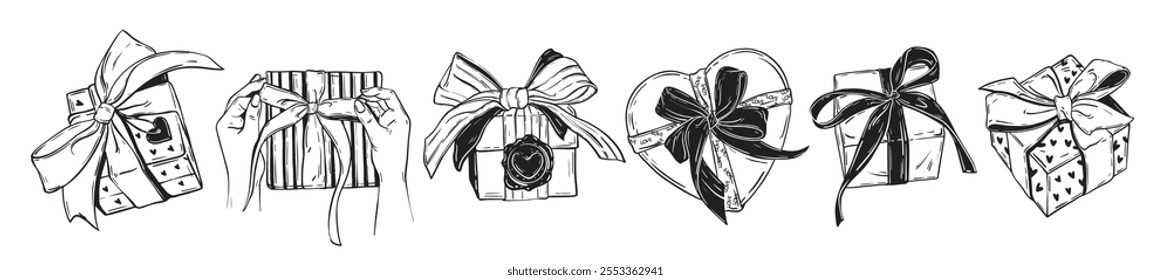 Holiday gift box doodle icon set vector hand drawn present line illustration Valentine day heart box. Romantic surprise celebration wrapping paper, ribbon bow, New Year shopping. Festive gift box pack