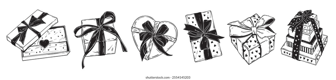Holiday gift box doodle icon set present line hand drawn vector illustration Valentine day heart box. Romantic surprise celebration wrapping paper, ribbon bow, New Year shopping. Festive gift box pack