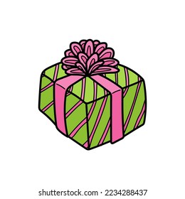Holiday gift box doodle vector illustration isolated on white. Bright colorful hand drawn birthday surprise gift box, green wrapping and pink ribbon. Cartoon style Christmas present icon.