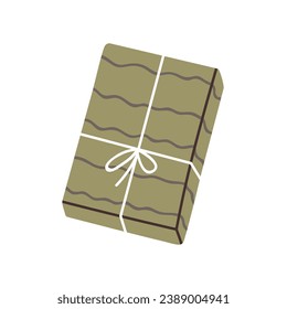 Holiday gift box in festive wrapping with string bow. Birthday present package in paper. Wrapped packed surprise design of rectangle shape. Flat vector illustration isolated on white background