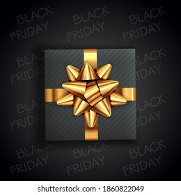 Holiday gift box with golden bow on black background with text Black Friday Sale. Illustration can be used for holiday design, advertisement, cards, banner, coupon, discount, sale.