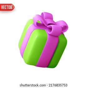 Holiday Gift box. Green Square gift surprise. Decor for birthday, Christmas and new year. Realistic 3d design In plastic cartoon style. Icon isolated on white background. Vector illustration