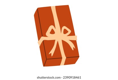 Caja de regalo de vacaciones empacada en envoltura festiva, decorada con arco de cinta. Regalo de cumpleaños, Navidad, paquete rectangular en papel festivo. Sorpresa envuelta. Ilustración vectorial plana aislada 