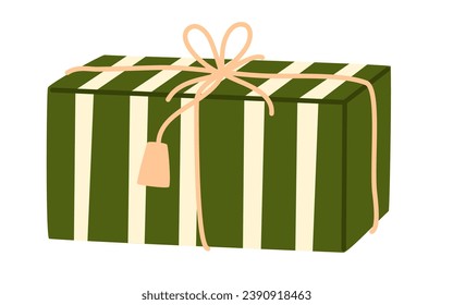 Caja de regalo de vacaciones empacada en envoltura festiva, decorada con lazo y etiqueta. Regalo de cumpleaños, Navidad, paquete rectangular en papel festivo. Sorpresa envuelta. Ilustración vectorial plana aislada 