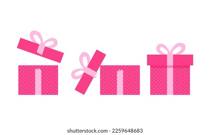 Holiday gift box, pink present, open and close. Surprise for birthday, package with ribbon and bow. Vector illustration