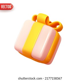 Holiday Gift box. Pink Square gift surprise. Decor for birthday, Christmas and new year. Realistic 3d design In plastic cartoon style. Icon isolated on white background. Vector illustration