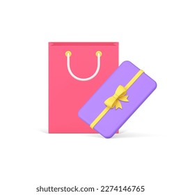 Holiday gift box present shopping bag festive congratulations container 3d icon realistic vector illustration. Greeting wrapped package store shop clearance anniversary birthday celebration surprise