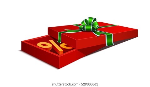 Holiday gift  box of red color, with a discount inside. Tied with a green ribbon with a bow on top.