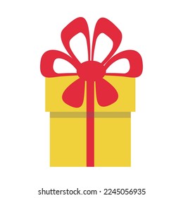 Holiday gift in box with yellow wrapping paper, red ribbon and bow. Vector illustration isolated design
