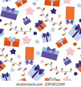 Holiday gift boxes and garlands. Flat vector seamless pattern. Hand drawn background for a party, Wrapping paper, festival, Party Decoration, Christmas Template, Wallpaper, Table Cover, Celebration.