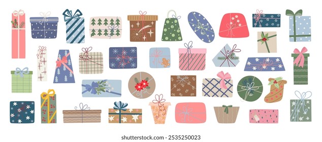 Cajas de regalo de Festiva con cintas y arcos de Ilustración vectorial, Navidades felices y feliz año Nuevo festivo tradicional decoración de vacaciones de invierno, elemento de diseño para póster, tarjeta de felicitación, pegatina