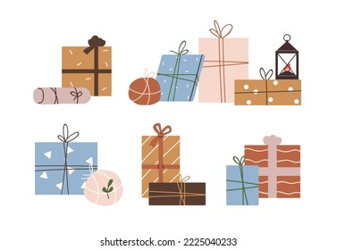 Holiday gift boxes set. Presents packages wrapped in festive paper wrapping with tied bow, ribbon, twine string, different shape, size. Flat vector illustrations isolated on white background