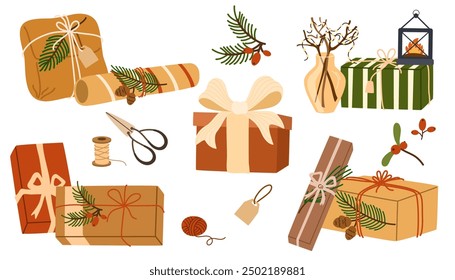 Holiday gift boxes set. Presents packages wrapped in festive paper wrapping with tied bow, ribbon, twine string, different shape, size. Flat vector illustrations isolated on white background