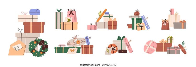 Holiday gift boxes stacks set. Many present packages wrapped in festive paper, ribbon and bows. Heaps, groups of giftboxes, surprises piles. Flat vector illustrations isolated on white background