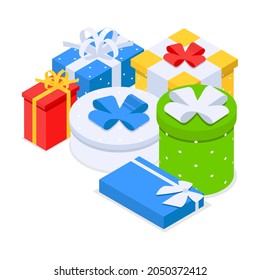 Holiday gift boxes template. Set of various boxes, different shapes and design. For birthday, christmas, or other holiday. Isometric illustration on white background
