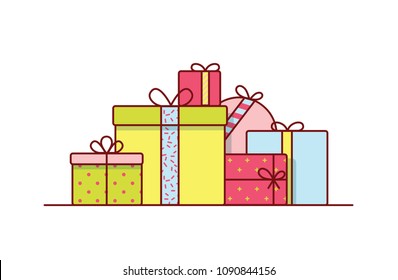 Holiday gift boxes wrapped in bright colored paper and decorated with ribbons and bows. Pile of packed festive presents isolated on white background. Colorful vector illustration in line art style