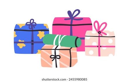 Holiday gift boxes wrapped in decorative festive paper wrapping, tied with bows. Many presents, surprise packages for birthday, Christmas. Flat vector illustration isolated on white background