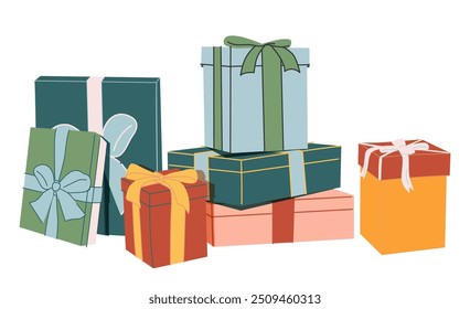 Holiday gift boxes wrapped in decorative festive paper wrapping, tied with bows. Many presents, surprise packages for birthday, Christmas. Flat vector illustration isolated on white background