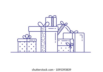 Holiday gift boxes wrapped in paper and decorated with ribbons and bows. Pile of packed festive presents drawn with contour lines on white background. Monochrome vector illustration in lineart style