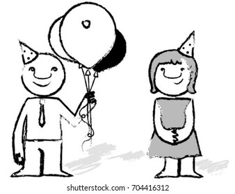 holiday, gift, boy, girl, picture, image, cartoon, office, birthday, colleagues,  couple, vector, happy, Illustration, smile, nice, gift, together, balloons