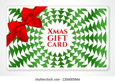 Holiday Gift card with abstract Christmas tree, red bow green pattern (triangle texture).  Vector mock up design for Gift Voucher, Discount Shop Coupon, reward, shop sale, invitation card template