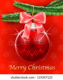 Holiday gift card with Christmas tree and a bauble hanging on snowflake background. Merry Christmas. Vector illustration