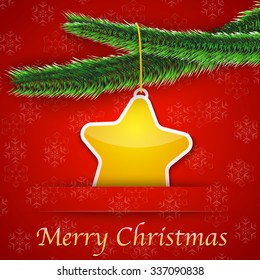 Holiday gift card with Christmas tree and a yellow star hanging on snowflake background. Merry Christmas background. Vector illustration