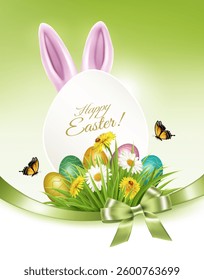 Holiday gift card with easter eggs and spring flowers in grass. Vector.