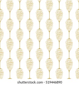 Holiday gift card with golden hand lettering Merry Christmas and Happy New Year in the form of a glass of champagne on white background. Vector illustration for your design