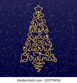 Holiday gift card with golden hand lettering We wish You a Merry Christmas in the form of a Christmas tree on snow background. Vector illustration for your design