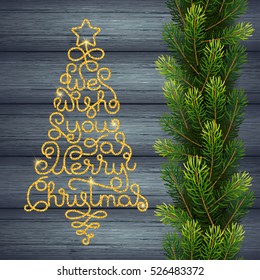 Holiday gift card with golden hand lettering We Wish You a Merry Christmas in the form of a Christmas tree on wood background. Vector illustration for your design