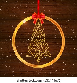 Holiday gift card with golden hand lettering We Wish You a Merry Christmas in the form of a Christmas tree on wood background. Vector illustration for your design
