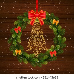 Holiday gift card with golden hand lettering We Wish You a Merry Christmas in the form of a Christmas tree on wood background. Vector illustration for your design