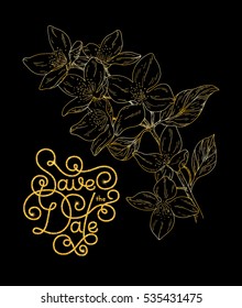 Holiday gift card with golden hand lettering Save the Date and bloom silhouette. Vector illustration for your design
