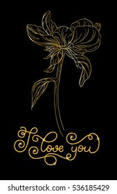 Holiday gift card with golden hand lettering I love you and bloom silhouette. Vector illustration for your design