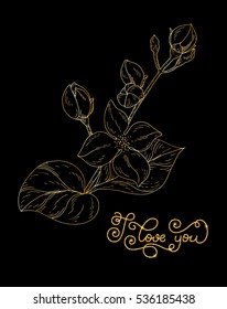 Holiday gift card with golden hand lettering I love you and bloom silhouette. Vector illustration for your design