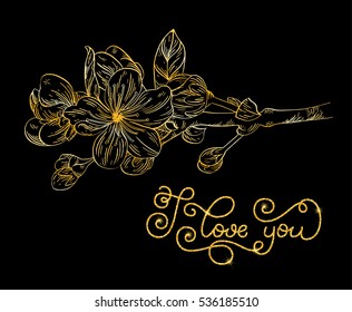 Holiday gift card with golden hand lettering I love you and bloom silhouette. Vector illustration for your design