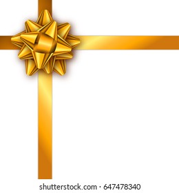Holiday gift card with golden ribbon and bow. Template for a business card, banner, poster, flyer, notebook, invitation. Vector illustration for your design.