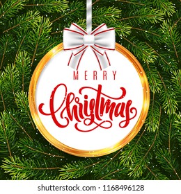 Holiday gift card with hand lettering Merry Christmas, gold frame and bow on fir tree branches background. Template for a banner, poster, invitation. Vector illustration for your design