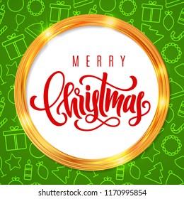 Holiday gift card with hand lettering Merry Christmas and gold frame on green ornamental background. Template for a banner, poster, invitation. Vector illustration for your design