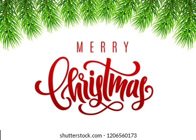 Holiday gift card with hand lettering Merry Christmas and fir tree branches. Template for a banner, poster, invitation. Vector illustration for your design