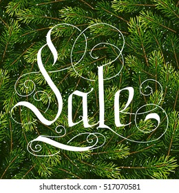 Holiday gift card with hand lettering Sale on Christmas fir tree branches background. Vector illustration for your design