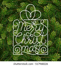 Holiday gift card with hand lettering Merry Christmas on Christmas fir tree branches background. Vector illustration for your design