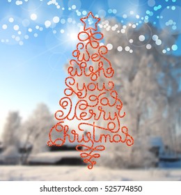 Holiday gift card with hand lettering We wish You a Merry Christmas in the form of a Christmas tree on blurred photo background. Vector illustration for your design