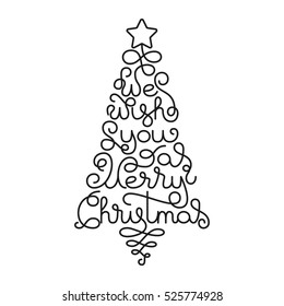 Holiday gift card with hand lettering We wish You a Merry Christmas in the form of a Christmas tree on white background. Vector illustration for your design