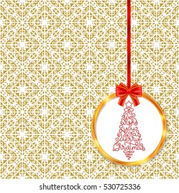 Holiday gift card with hand lettering We Wish You a Merry Christmas in the form of a Christmas tree in golden circle frame with red bow on vintage decor pattern. Vector illustration for your design